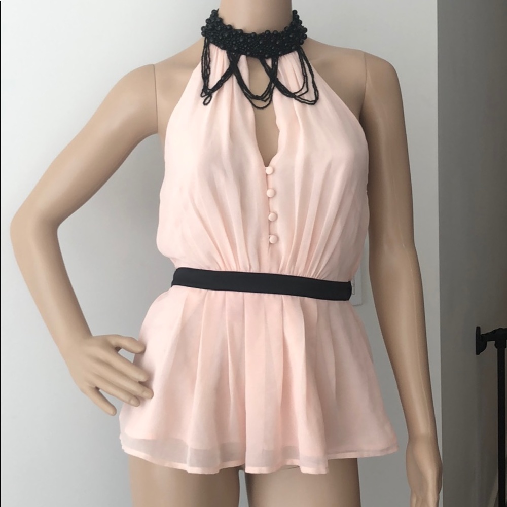 Bebe new halter top soft pink blush black peplum beads XS S - Picture 2 of 7